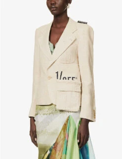 Single-breasted Notch-lapel Upcycled Blazer 8 Single-breasted Notch-lapel Upcycled Blazer -Women Clothing Store R04149760 ASSORTBEIGEGREY ALT02