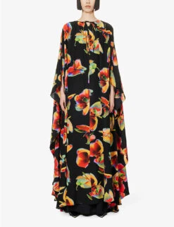 Alexander McQueen Orchid-print Draped-sleeve Silk Kaftan Gown 9 Alexander McQueen Orchid-print Draped-sleeve Silk Kaftan Gown -Women Clothing Store R04153269 BLACK ALT02