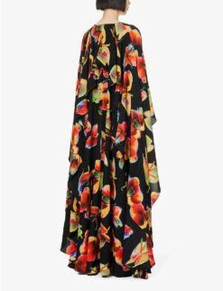 Alexander McQueen Orchid-print Draped-sleeve Silk Kaftan Gown 10 Alexander McQueen Orchid-print Draped-sleeve Silk Kaftan Gown -Women Clothing Store R04153269 BLACK ALT03