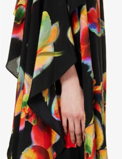 Alexander McQueen Orchid-print Draped-sleeve Silk Kaftan Gown 11 Alexander McQueen Orchid-print Draped-sleeve Silk Kaftan Gown -Women Clothing Store R04153269 BLACK ALT04