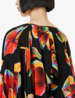 Alexander McQueen Orchid-print Draped-sleeve Silk Kaftan Gown 12 Alexander McQueen Orchid-print Draped-sleeve Silk Kaftan Gown -Women Clothing Store R04153269 BLACK ALT05