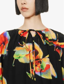 Alexander McQueen Orchid-print Draped-sleeve Silk Kaftan Gown 13 Alexander McQueen Orchid-print Draped-sleeve Silk Kaftan Gown -Women Clothing Store R04153269 BLACK ALT06