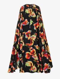 Alexander McQueen Orchid-print Draped-sleeve Silk Kaftan Gown