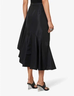 Alexander McQueen Ruffle-trim Asymmetric-hem Woven Midi Skirt -Women Clothing Store R04153271 BLACK ALT03