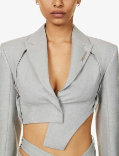 Asymmetric-hem Cropped Wool Blazer -Women Clothing Store R04158010 LIGHTGREYMELANGE ALT04