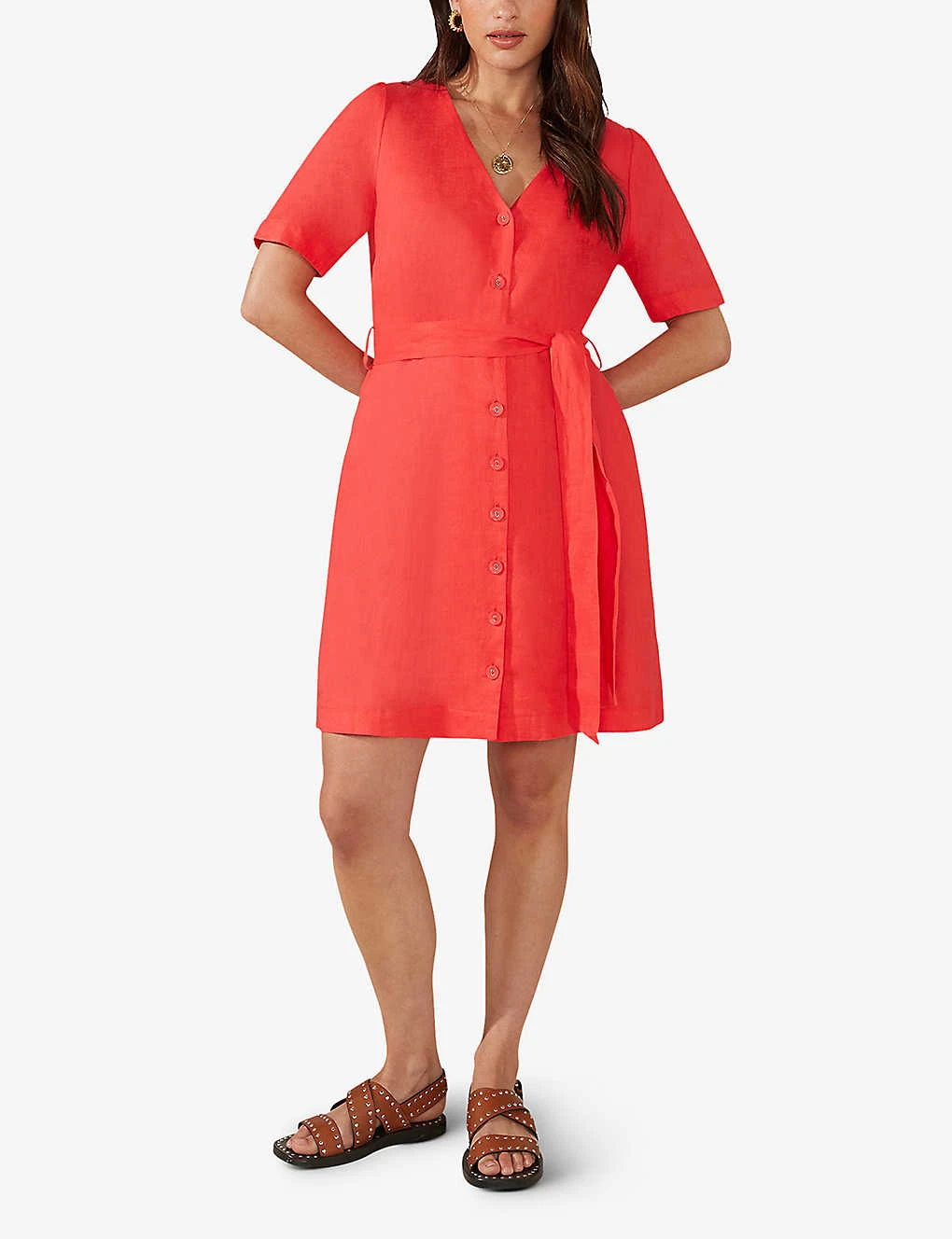 Button-front Short-sleeved Linen Mini Dress 2 Button-front Short-sleeved Linen Mini Dress - Image 2