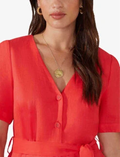 Button-front Short-sleeved Linen Mini Dress 6 Button-front Short-sleeved Linen Mini Dress -Women Clothing Store R04161739 FLAME ALT02