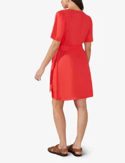 Button-front Short-sleeved Linen Mini Dress 7 Button-front Short-sleeved Linen Mini Dress -Women Clothing Store R04161739 FLAME ALT03