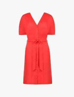 Button-front Short-sleeved Linen Mini Dress