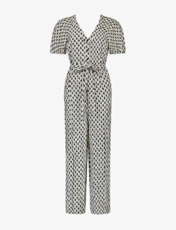 Diamond-print Belted Woven Jumpsuit