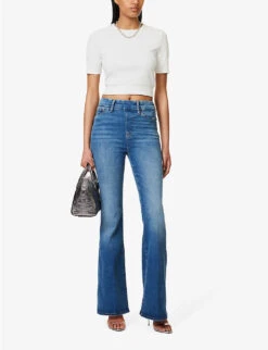 GOOD AMERICAN Pull On Faded-wash Flared-leg High-rise Stretch-denim Jeans -Women Clothing Store R04166635 INDIGO490 ALT02
