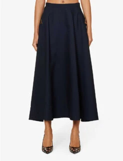 Valentino Logo-plaque Wool And Silk-blend Midi Skirt -Women Clothing Store R04169681 NAVY ALT02