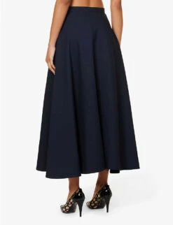 Valentino Logo-plaque Wool And Silk-blend Midi Skirt -Women Clothing Store R04169681 NAVY ALT03