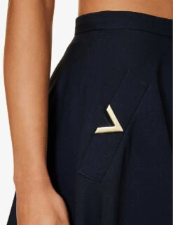 Valentino Logo-plaque Wool And Silk-blend Midi Skirt -Women Clothing Store R04169681 NAVY ALT04