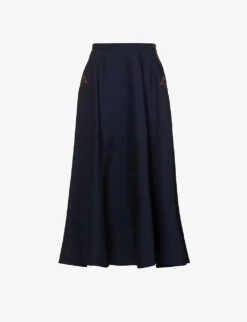 Valentino Logo-plaque Wool And Silk-blend Midi Skirt