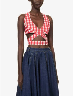 V-neck Check-pattern Woven Top -Women Clothing Store R04179389 ROUGEFUCHSIA ALT02