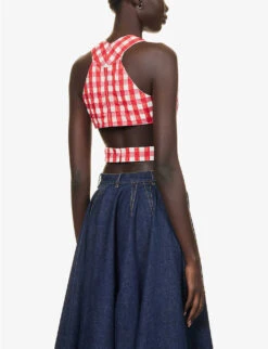 V-neck Check-pattern Woven Top -Women Clothing Store R04179389 ROUGEFUCHSIA ALT03