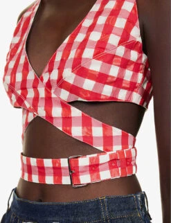 V-neck Check-pattern Woven Top -Women Clothing Store R04179389 ROUGEFUCHSIA ALT04