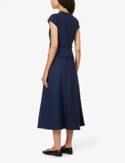 ME AND EM Cap-sleeves Tasselled-trims Cotton-blend Midi Dress -Women Clothing Store R04181892 BRIGHTNAVY ALT03