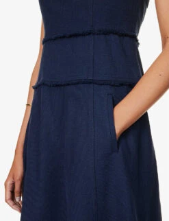 ME AND EM Cap-sleeves Tasselled-trims Cotton-blend Midi Dress -Women Clothing Store R04181892 BRIGHTNAVY ALT04