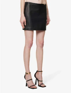 Versace Logo-plaque Slim-fit Leather Mini Skirt -Women Clothing Store R04185115 BLACK ALT02