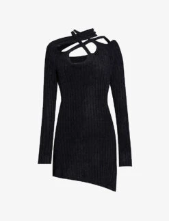 Asymmetric-neckline Brushed-texture Knitted Mini Dress