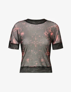 Semi-sheer Abstract-pattern Stretch-recycled Polyester Top