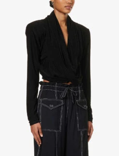 ROTATE Birger Christensen Long-sleeved Hooded Stretch-recycled Polyester Top -Women Clothing Store R04188249 BLACK ALT02