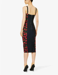 Dolce & Gabbana Cherry-print Sweetheart-neck Woven Midi Dress -Women Clothing Store R04188998 CILIEGIEFDONERO ALT03