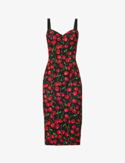 Dolce & Gabbana Cherry-print Sweetheart-neck Woven Midi Dress