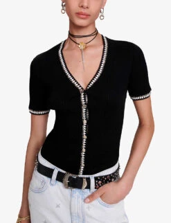 Maje Mimo Contrast-trim Stretch-knit Top -Women Clothing Store R04190009 NOIRGRIS ALT02