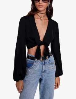 Maje Ciblanca Sailor-collar Tie-front Satin Top -Women Clothing Store R04190370 NOIRGRIS ALT02