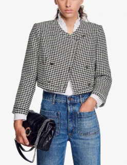Sandro Villette Cropped Houndstooth Stretch-woven Jacket -Women Clothing Store R04194620 NOIRGRIS ALT02