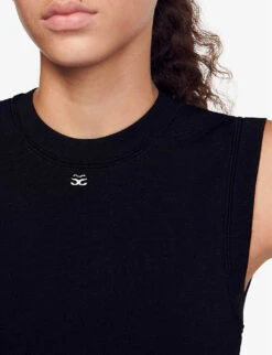 Sandro Logo-embellished Sleeveless Stretch-knit Mini Dress -Women Clothing Store R04194625 NOIRGRIS ALT04