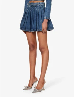 SELF PORTRAIT Pleated Mid-rise Denim Mini Skirt -Women Clothing Store R04195757 BLUE ALT02