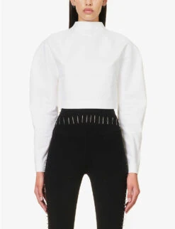 ALAIA Cropped Puffed-shoulders Cotton Top -Women Clothing Store R04196662 BLANC ALT02