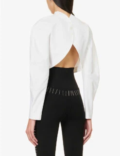 ALAIA Cropped Puffed-shoulders Cotton Top -Women Clothing Store R04196662 BLANC ALT03