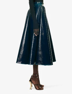 ALAIA Pleated Patent High-rise Wool-blend Midi Skirt -Women Clothing Store R04196703 BLEUPETROLE ALT02