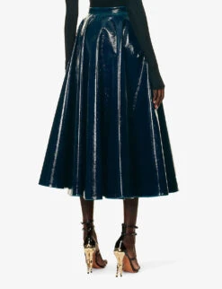 ALAIA Pleated Patent High-rise Wool-blend Midi Skirt -Women Clothing Store R04196703 BLEUPETROLE ALT03