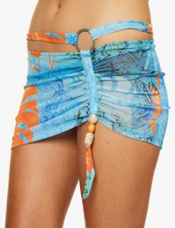 Jaded London Ruched Bead-embellished Stretch-mesh Mini Skirt -Women Clothing Store R04197646 MONSTERAPRINT ALT04