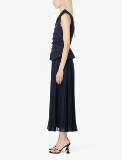 SELF PORTRAIT Contrast-panel Flared-hem Woven Maxi Dress -Women Clothing Store R04198073 NAVY ALT02