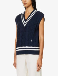 Logo-embroidered V-neck Cableknit Vest -Women Clothing Store R04205000 NAVY ALT02