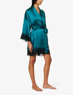 Floral Lace-trimmed Stretch-woven Robe -Women Clothing Store R04207761 EMERALDBLACK ALT02