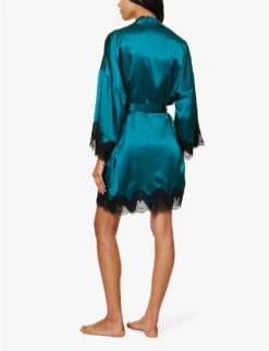 Floral Lace-trimmed Stretch-woven Robe -Women Clothing Store R04207761 EMERALDBLACK ALT03