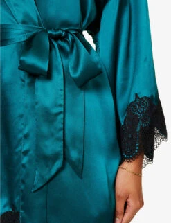 Floral Lace-trimmed Stretch-woven Robe -Women Clothing Store R04207761 EMERALDBLACK ALT04